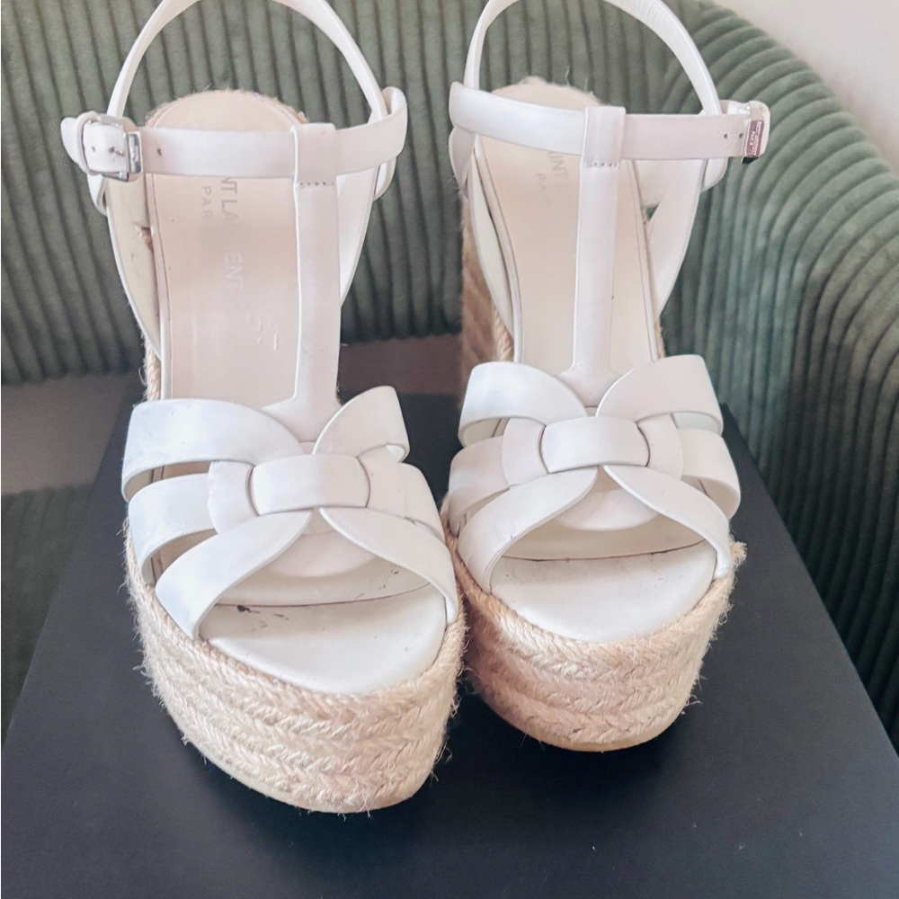 Saint Laurent Cream Woven Platform Sandals